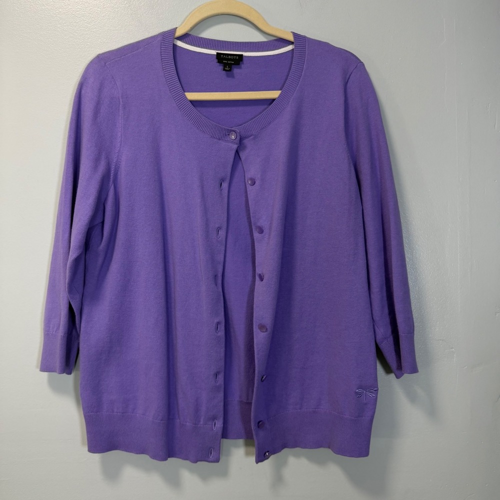 Talbots Pima Cotton 3/4 Sleeve Cardigan Sweater Purple Dragonfly Size Large